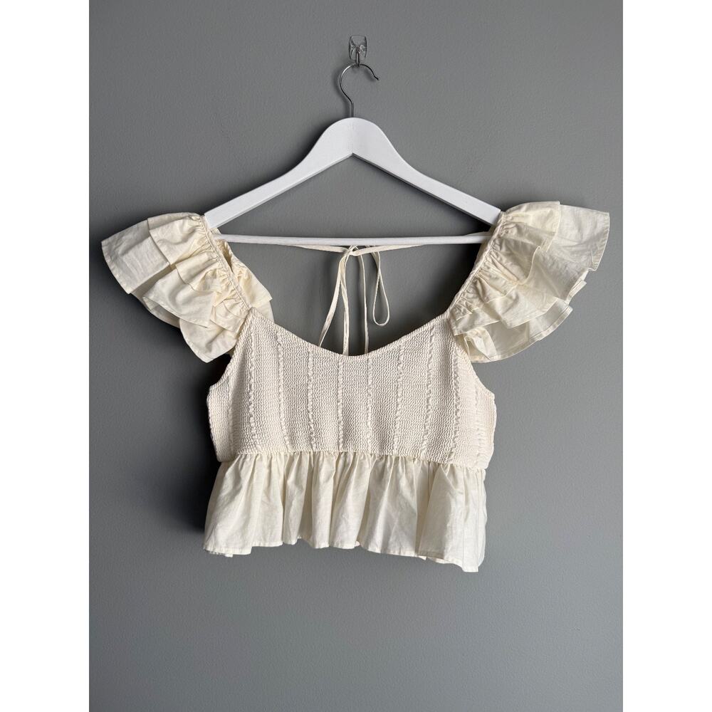 Zara Smocked Crop Top Size L Ivory Ruffle Sleeve Peplum Tie Back Cottagecore